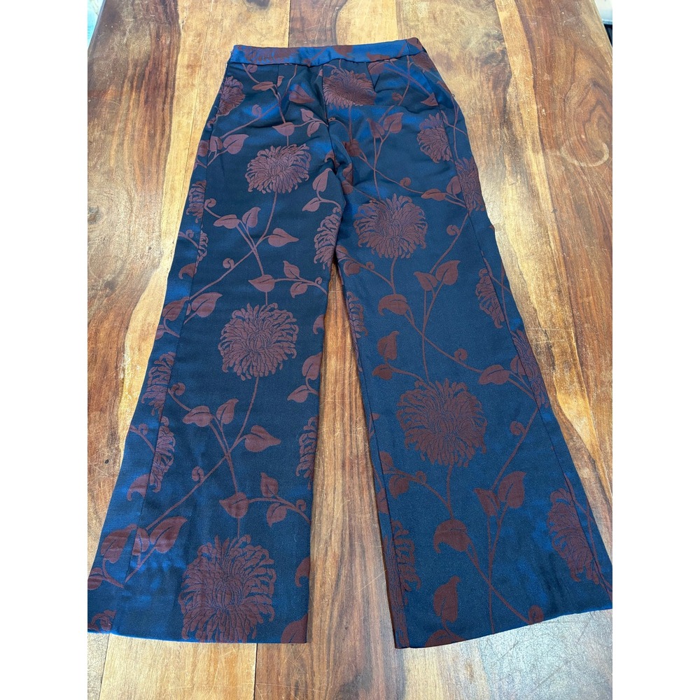 Zara woman navy blue burgundy floral brocade wide leg jacquard trousers sz small